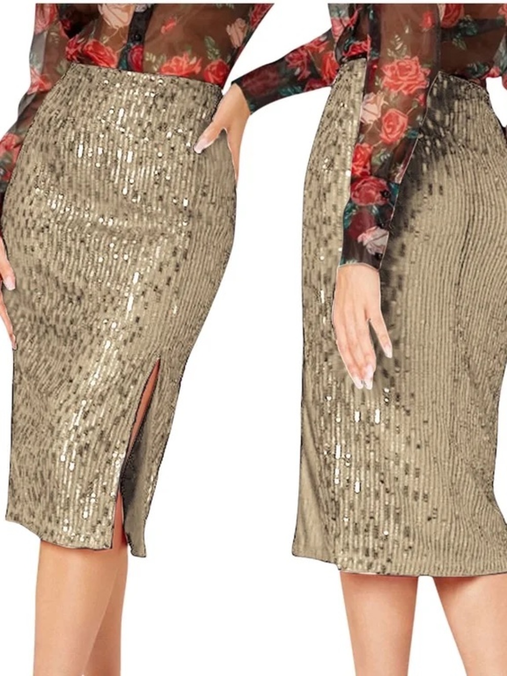 Time and Tru Gold Sequin Pencil Skirt with Side Slit